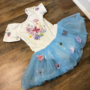 Colorful Floral Embroidered White Onesie Blue Tutu Butterflies Flowers